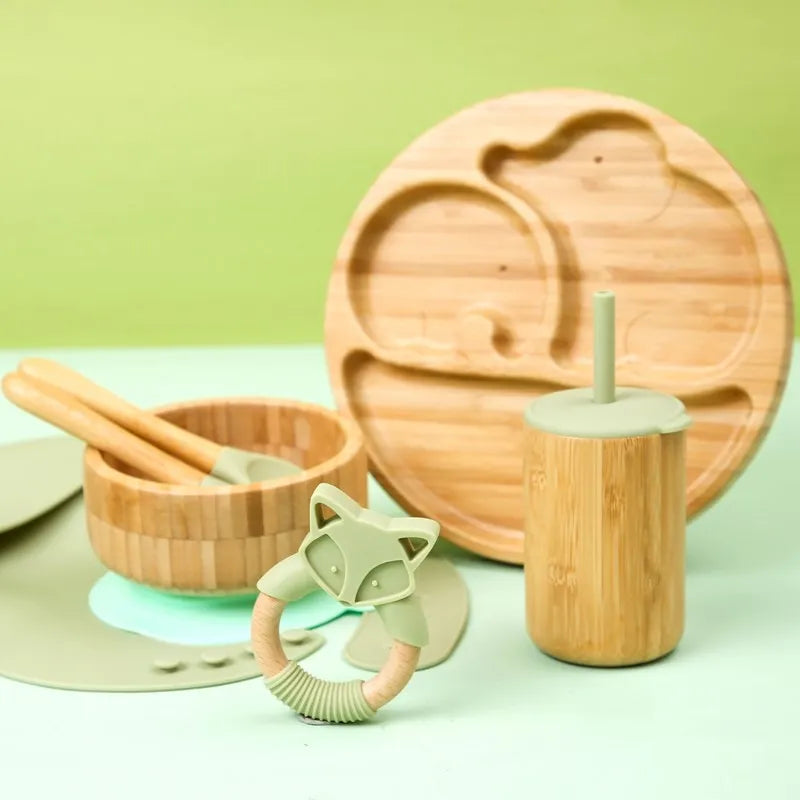 Baby Tableware Set Feeding Bowl Dinner Plate Cup Bibs Spoon Fork Bamboo Wooden Children'S Feeding Dishes Sets BPA Free Non-Slip