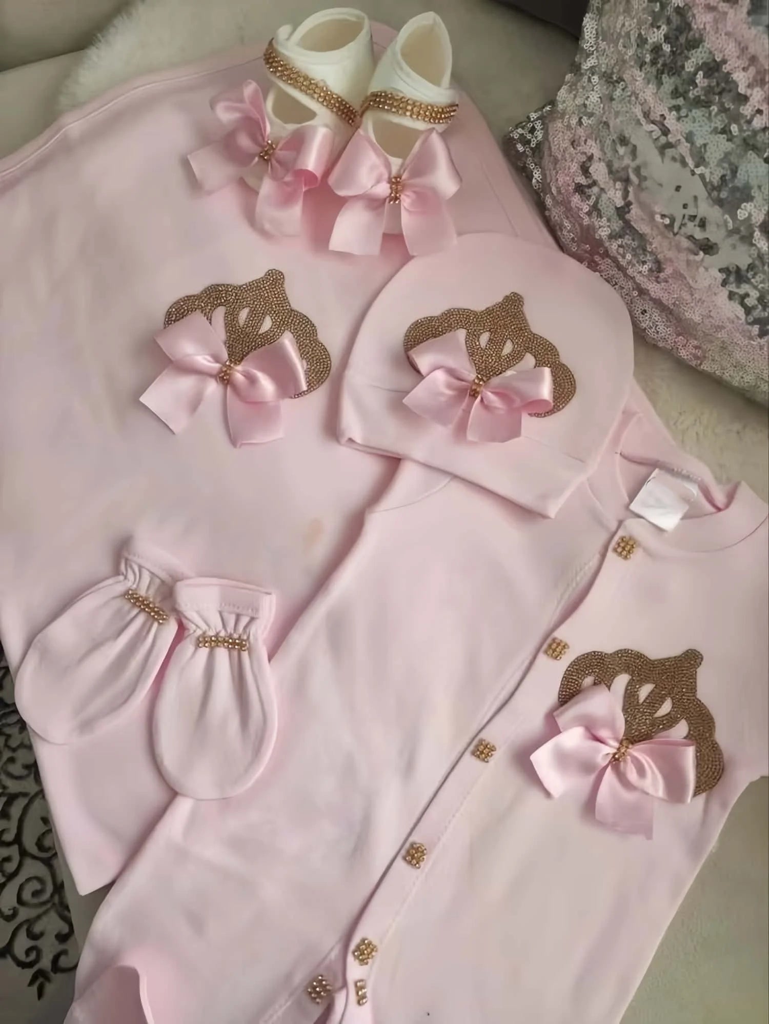 5Pcs Newborn Baby Boy Outfits Kids Clothing Real Cotton Infant0 Products Shirt Pants Mittens Receiving Blanket